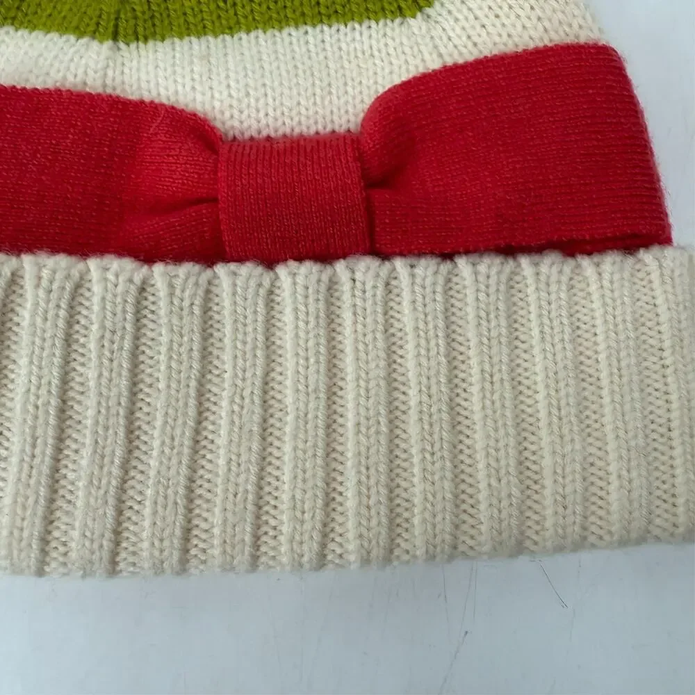 Kate Spade 100% Wool Beanie Hat One Size White Multicolor Striped Red Bow Ribbed